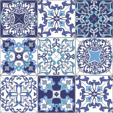 Koleksiyon sorunsuz patchwork desen döşemelerini Fas'tan, Portekiz mavi renklerde. Dekoratif süsleme kullanılan duvar kağıdı, fon, kumaş, tekstil, kağıt ambalaj.