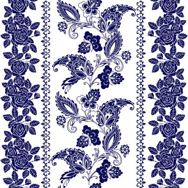 Dantel bohem sorunsuz kenarlık kümesi. Çizgili mavi çiçek motifleri, güller, Paisleys. Kumaş, tekstil, kağıt ambalaj için Dekoratif süsleme zemin.