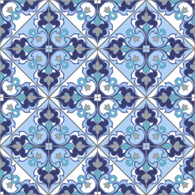 Fas, Portekiz fayans mavi renk arasından kesintisiz patchwork desen. Dekoratif süsleme kullanılan duvar kağıdı, fon, kumaş, tekstil, kağıt ambalaj.
