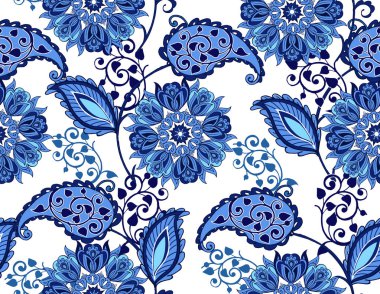 Geleneksel oryantal seamless desenli modeli. Vintage sorunsuz süs mavi renklerde çiçekler. Kumaş, tekstil, kağıt ambalaj için Dekoratif süsleme zemin.