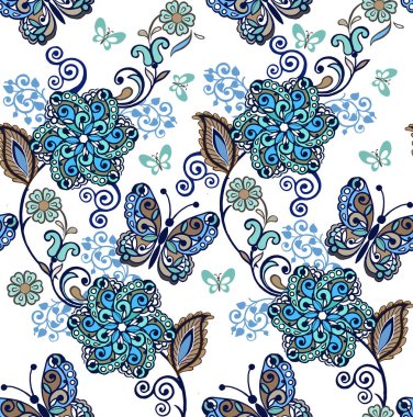 Dekoratif kelebek ile fantastik çiçek sorunsuz süsleme. Vintage sorunsuz süs mavi renklerde çiçekler. Kumaş, tekstil, kağıt ambalaj için Dekoratif süsleme zemin.