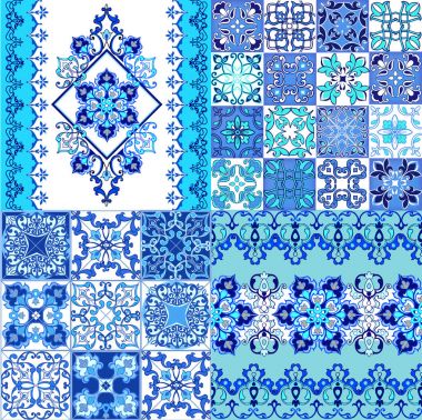 Çizgili desenler ve mavi renkli fayans topluluğu. Çizgili mavi çiçek motifleri ile. Kumaş, tekstil, kağıt ambalaj için Dekoratif süsleme zemin.