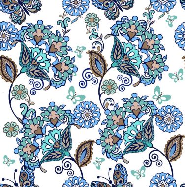 Dekoratif kelebek ile fantastik çiçek sorunsuz süsleme. Vintage sorunsuz süs mavi renklerde çiçekler. Dekoratif süsleme kumaş, tekstil, kağıt ambalaj için zemin. paisleyliekalomodielobrazietsprimierrisunokshablonskhiematrafarietuzo