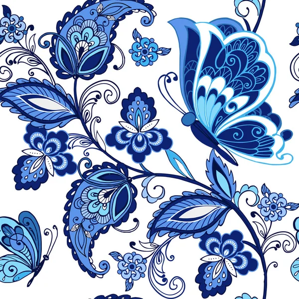 Tradycyjne orientalne bezszwowe wystrój wzór. Vintage kwiaty ornament z motylami w kolorach niebieskim. Ozdobny ornament tło dla tkaniny, tekstylia, papier pakowy. — Wektor stockowy