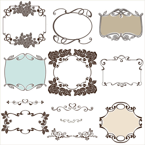 Collection Vintage frames with roses and design elements