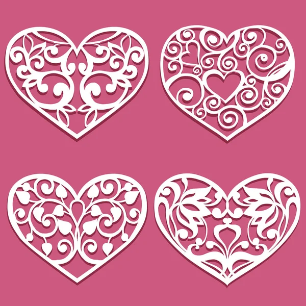 Conjunto de corazones cortados por láser. Colección stencil corazones de encaje con patrón calado tallado. Plantilla para diseños de tarjetas de boda, invitaciones. Corazón floral vectorial . — Vector de stock