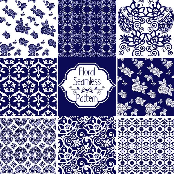 Set Victorian sorunsuz gül desenli Şam. Vintage sorunsuz süs mavi ve beyaz çiçekler. Kumaş, tekstil, kağıt ambalaj için Dekoratif süsleme zemin