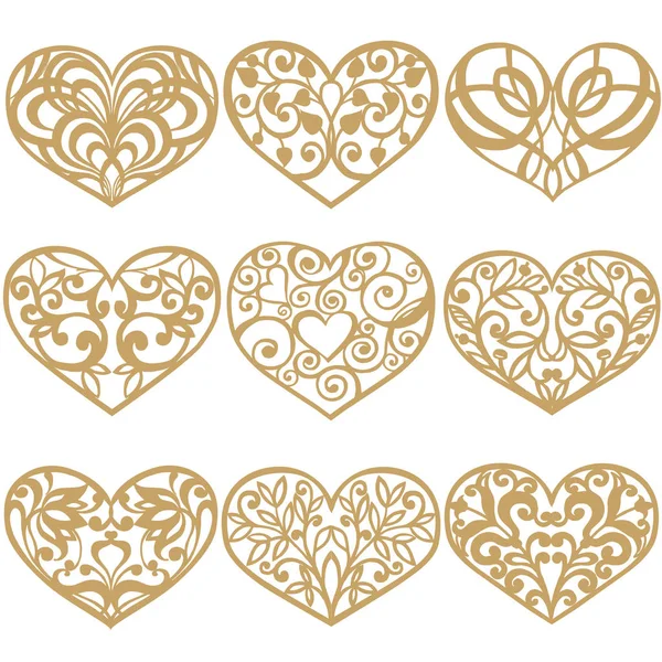 Set of laser cut hearts. Collection of decorative gold hearts. Template for interior design, layouts wedding cards, invitations. Vector floral heart. — Stock Vector