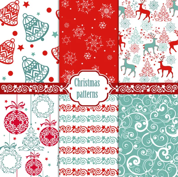 Koleksiyon Noel seamless modeli. Xmas doku için duvar kağıdı, web sayfası arka planı, ambalaj kağıdı ve etc. Retro tarzı. Çan, geyik, topları.