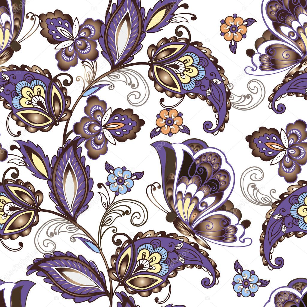 Seamless oriental floral pattern with butterflies. Vintage flowers seamless ornament in blue colors. Decorative ornament backdrop for fabric, textile, wrapping paper.
