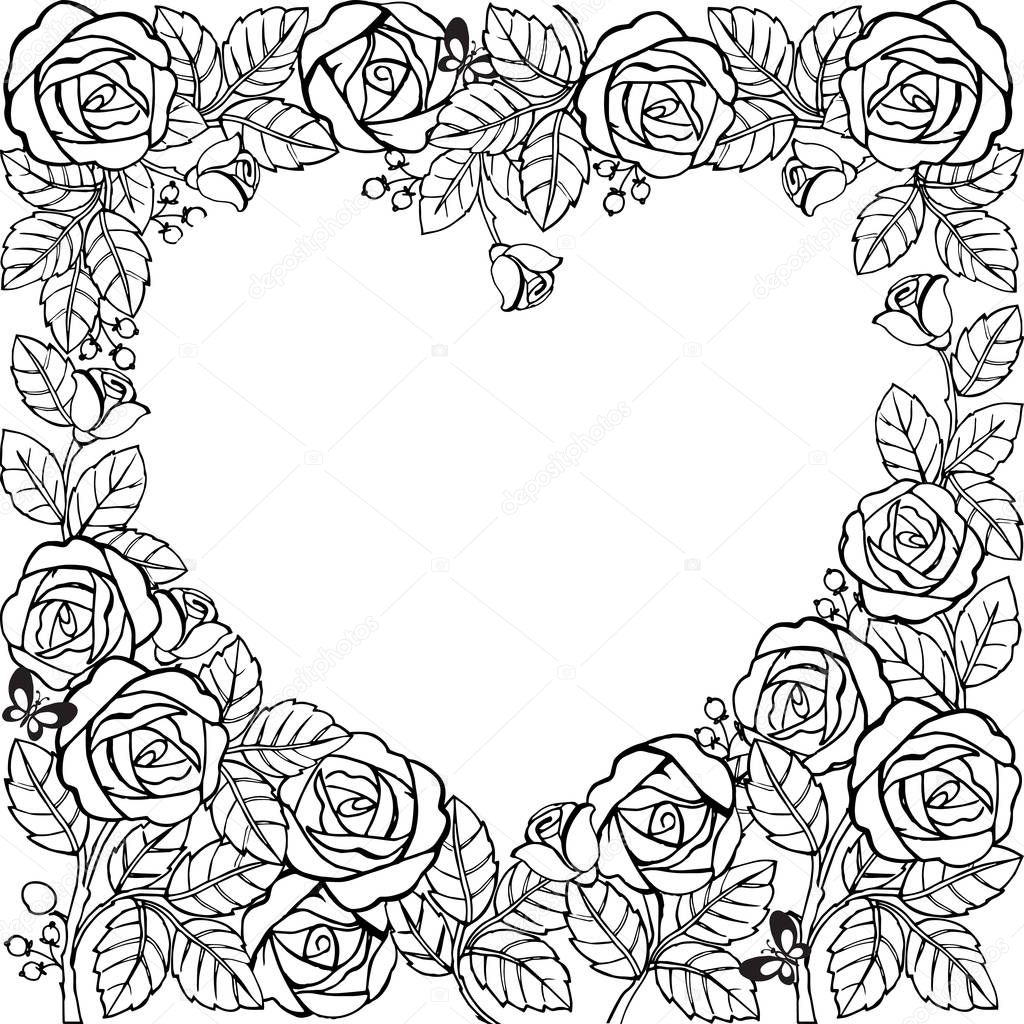 Flower frame with roses and heart. Flower frame for coloring page.