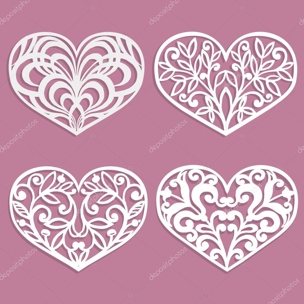 Set of laser cut hearts. Template for interior design, layouts wedding cards, invitations. Vector floral heart