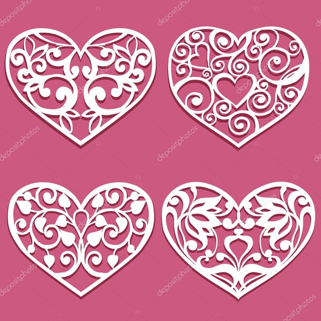 Set of laser cut hearts. Collection stencil lacy hearts with carved openwork pattern. Template for layouts wedding cards, invitations. Vector floral heart.