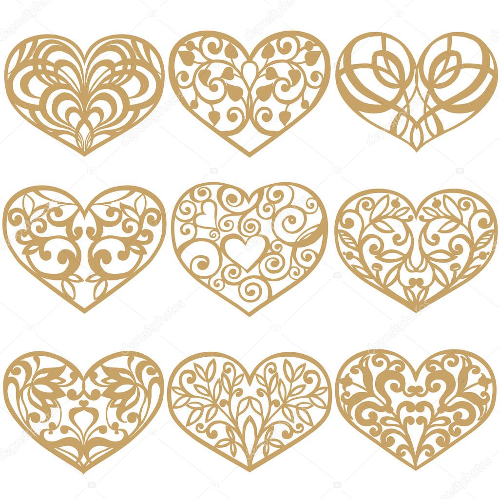 Set of laser cut hearts. Collection of decorative gold hearts. Template for interior design, layouts wedding cards, invitations. Vector floral heart.