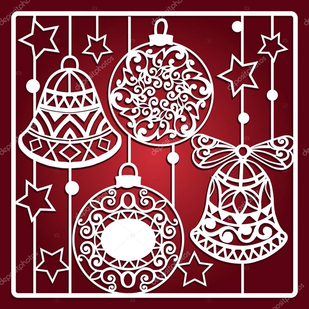 Christmas card with bells for laser cutting. Laser cutting template. Christmas gift for wood carving, paper cutting and christmas decorations.