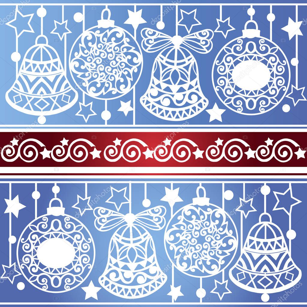 Striped Christmas ornament with snowflakes, bells. Decorative ornament backdrop for fabric, textile, wrapping paper.