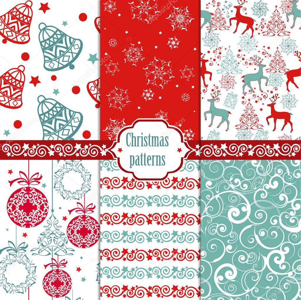 Collection Christmas seamless pattern. Xmas texture for wallpaper, web page background, wrapping paper and etc. Retro style. Bells, deer, balls.