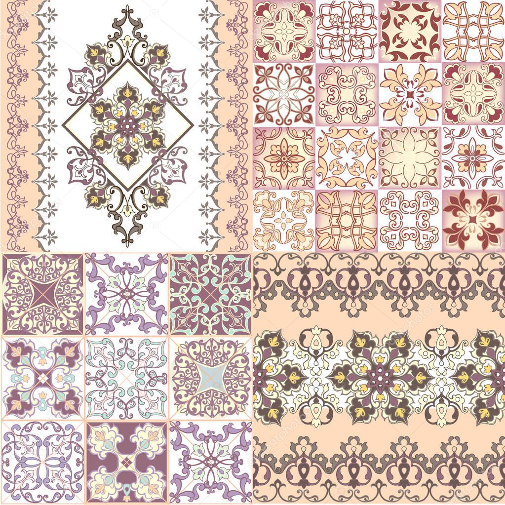 ollection of oriental design elements. Striped seamless oriental pattern. Decorative ornament backdrop for fabric, textile, wrapping paper.