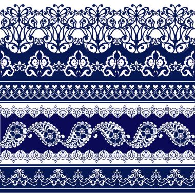 Dantel bohem sorunsuz kenarlık kümesi. Çizgili mavi çiçek motifi, Paisleys. Kumaş, tekstil, kağıt ambalaj için Dekoratif süsleme zemin.