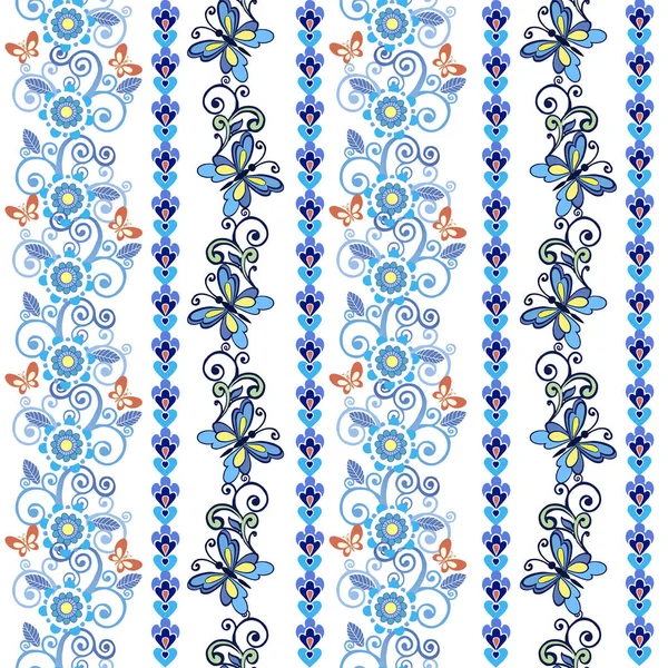 Sada letních květin hranic s motýl. Dekorační ozdoba pro textilie, textilní, balicí papír. — Stockový vektor