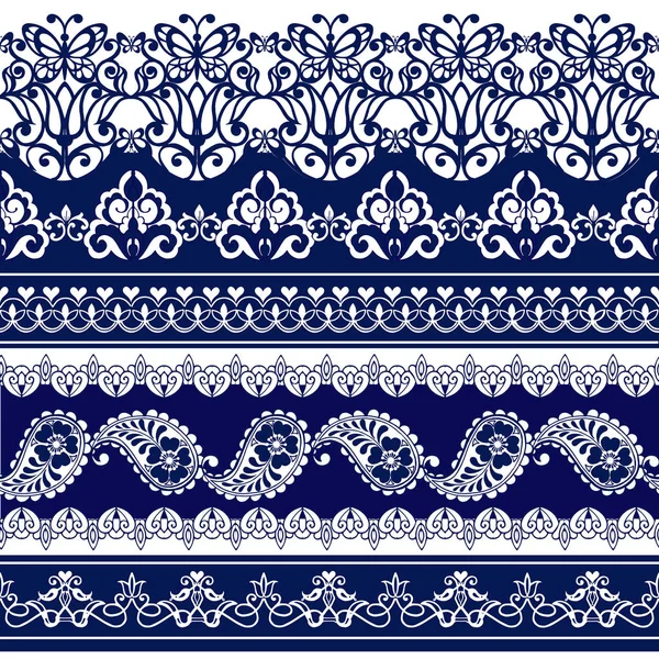 Dantel bohem sorunsuz kenarlık kümesi. Çizgili mavi çiçek motifi, Paisleys. Kumaş, tekstil, kağıt ambalaj için Dekoratif süsleme zemin.