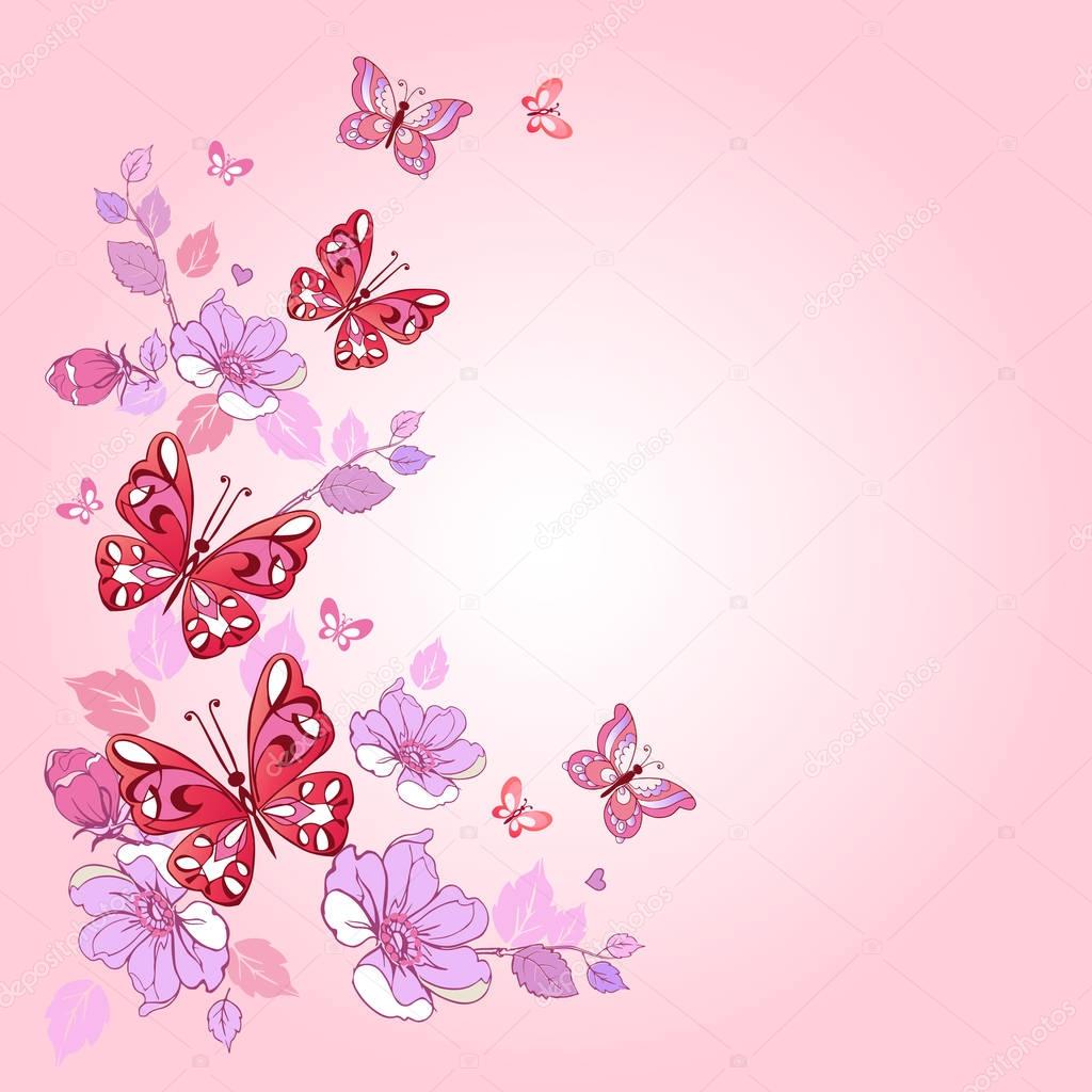 Template for greeting card with flowers and butterflies
