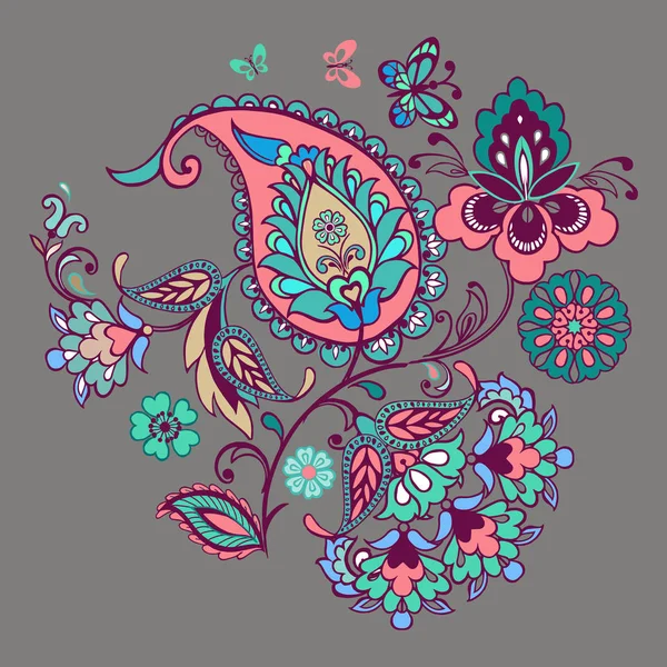 Paisley ve kelebekler ile fantastik çiçeklerle süslü süsleme. Çiçek süsleme pembe ve zümrüt rengi.