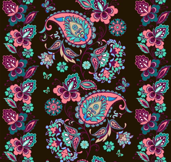 Gestreiftes nahtloses Muster mit Paisley auf schwarzem Hintergrund. dekorative Ornamentkulisse für Stoff, Textilien, Packpapier — Stockvektor
