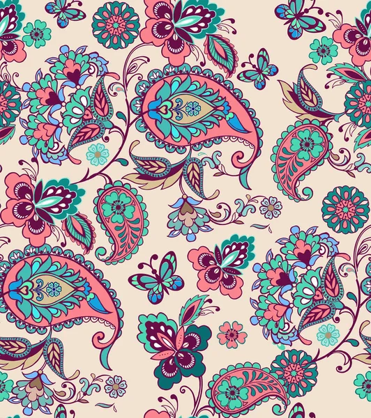 Dekoratif kelebek ile fantastik çiçek sorunsuz süsleme. Paisley ile oryantal sorunsuz süsleme. Kumaş, tekstil, kağıt ambalaj için Dekoratif süsleme zemin.