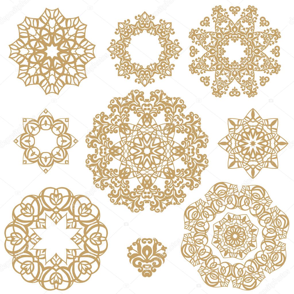 The collection of mandalas. Set of gold round ethnic ornaments. Page decoration. Vector illustration. Isolated on white background.