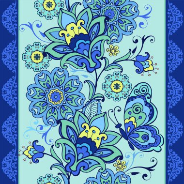 Fantastik çiçek ile çizgili seamless modeli. Çiçek duvar kağıdı. Vintage çiçek süsleme mavi renklerde. Kumaş, tekstil, kağıt ambalaj için Dekoratif süsleme zemin.