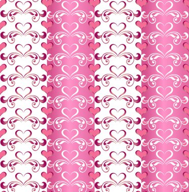 Pembe Kalp Dikişsiz desen arka plan. Vintage yürekleri sorunsuz süsleme çizgili. Dekoratif süsleme kumaş, tekstil, kağıt ambalaj için.