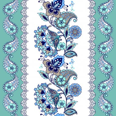 Paisley ile fantastik turkuaz çiçek süsleme. Çiçek duvar kağıdı. Dekoratif süsleme kumaş, tekstil, kağıt ambalaj için.