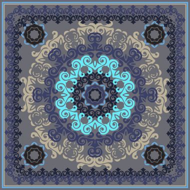 Mandala çerçevesinde, bandana tasarım. Geometrik mandala desen süslü çerçeve, aşiret etnik süsleme ile kare. Bandana şal kumaş baskı, ipek boyun atkı atkı tasarımı. vektör çizim.