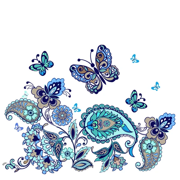 Fantastische Blumen und Schmetterlinge in blau. Vektorillustration. — Stockvektor