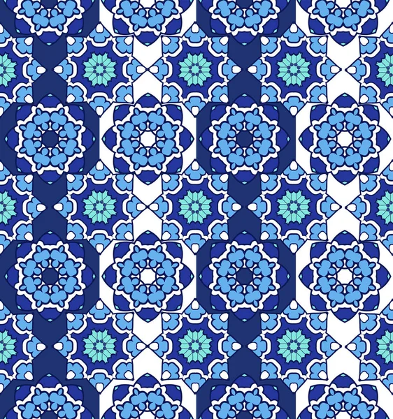 Ornement sans couture avec des tuiles. Mosaïque bleue fleur carrée. Islam, arabe, indien, turc, chinois marocain, portugais . — Image vectorielle