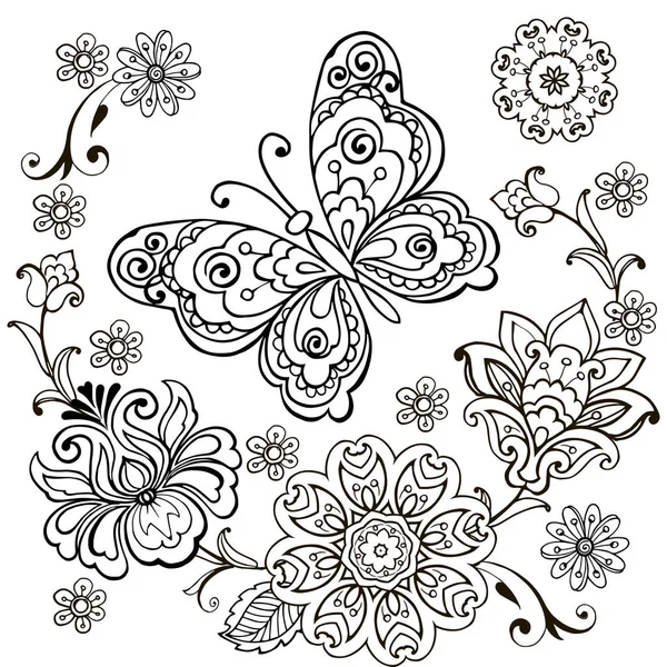 Borboleta decorativa com ornamento floral para anti Stresa Coloring . — Vetor de Stock