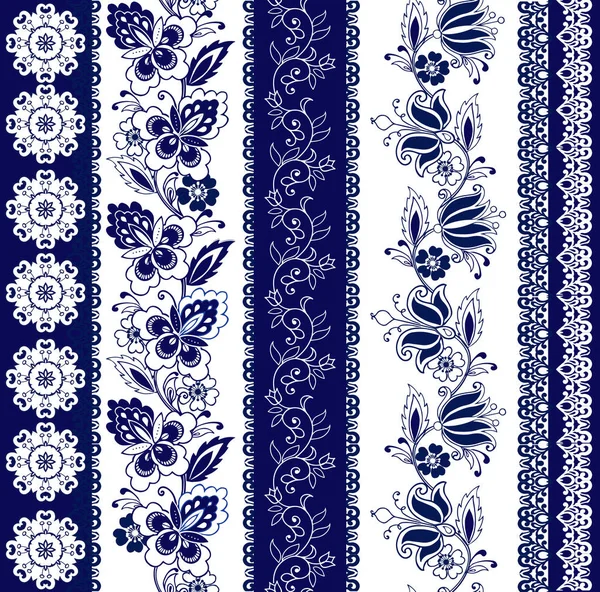 Conjunto de Cordones Bohemios sin costura. Rayas con motivos florales azules. Fondo de adorno decorativo para tela, textil, papel de envolver . — Archivo Imágenes Vectoriales