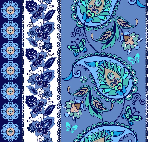 Paisley mavi ile oryantal kenarlık kümesi. Dantel bohem sorunsuz kenarlık kümesi. Çizgili mavi çiçek motifleri ile. Kumaş, tekstil, kağıt ambalaj için Dekoratif süsleme zemin. 