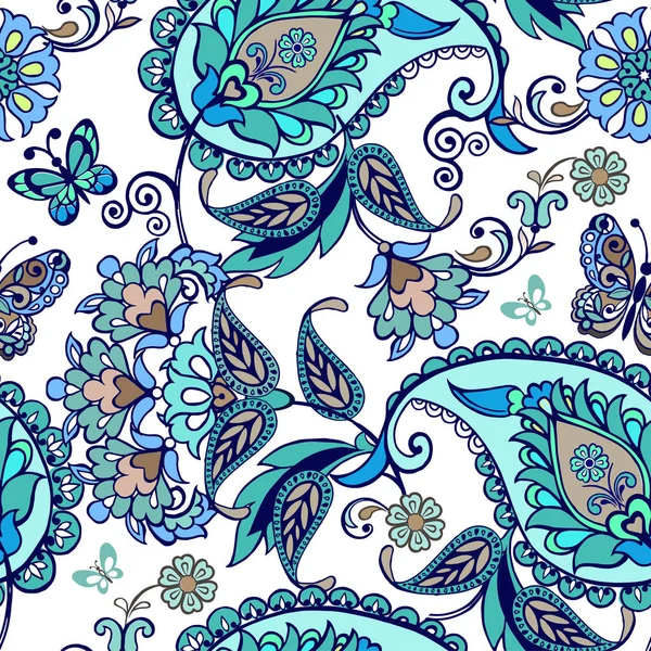 Fantastique ornement floral sans couture avec des papillons décoratifs. Fleurs vintage ornement sans couture dans des couleurs bleues. Décoration décor toile de fond pour tissu, textile, papier d'emballage . — Image vectorielle