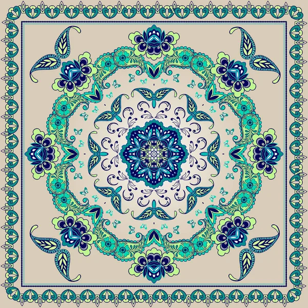 Mandala auf dem Platz. Bandanna-Schal Stoffdruck, Seidenhalstuch oder Halstuch Design, vektorverzierte Illustration. — Stockvektor