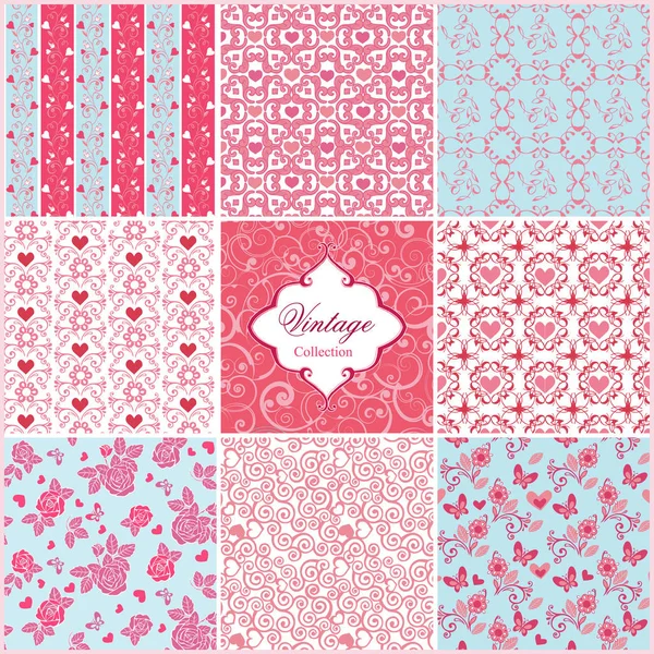 Set aus endloser Textur mit Herzen in rosa, blau und weiß. für Einladungen, Scrapbooking, Karten, Poster. Valentinstag nahtlose Muster. Vektorillustration. — Stockvektor