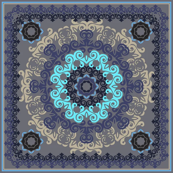 Mandala im Rahmen, Bandanna-Design. quadratische geometrische Mandala-Muster mit kunstvollem Rahmen, ethnische Stammesornament. Bandanna-Schal Stoff-Print, Seidenhalstuch Design. Vektorillustration. — Stockvektor