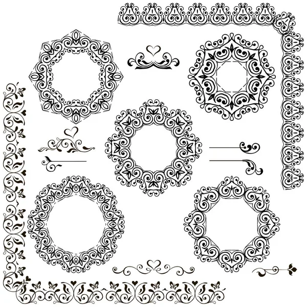 Reihe von runden Ornamenten, Rahmen für Foto. Vektor-Vignetten. Illustration klassischer Dekorationselemente — Stockvektor