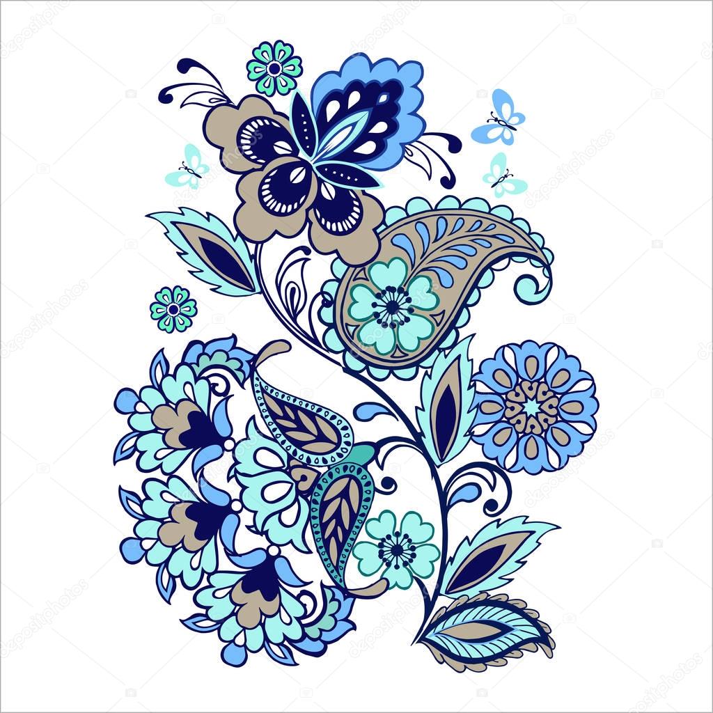 Elegant vector background with butterflies and Eastern ornament. Floral wallpaper. Decorative ornament for fabric, textile, wrapping paper.