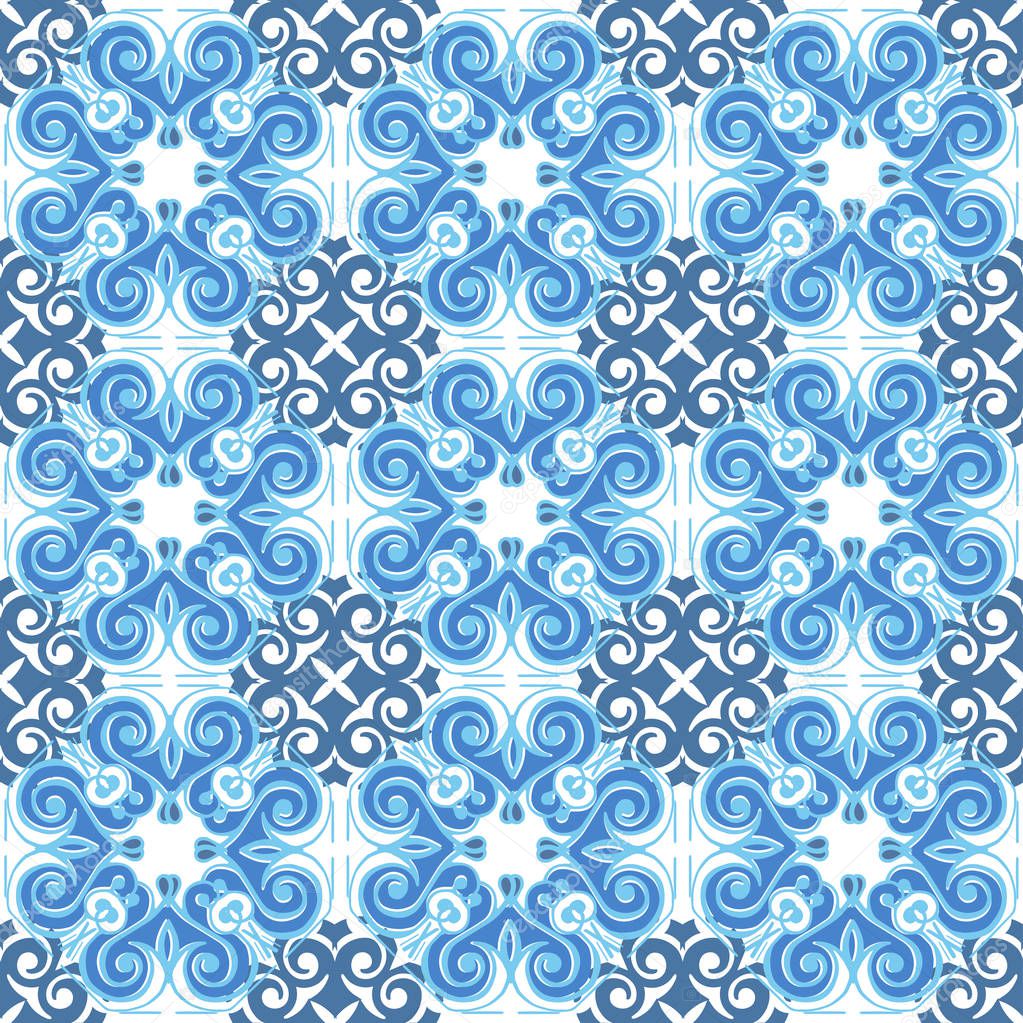 Blue Flower Azulejos Pattern .Seamless patchwork pattern from Moroccan ,Portuguese tiles. 