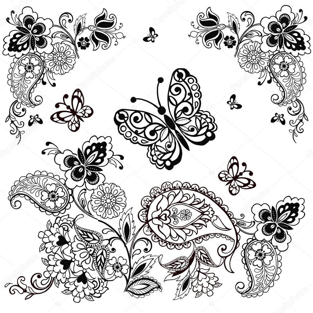 Ornament with paisley and butterflies for antistress coloring. Fantastic flowers and butterflies isolated on white.