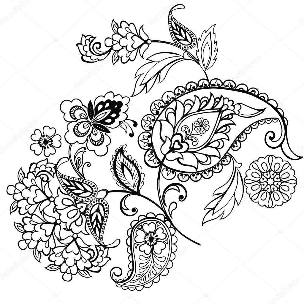 Monochrome Flower Ornament with Paisley. Hand drawn flowers for the anti stress coloring page.