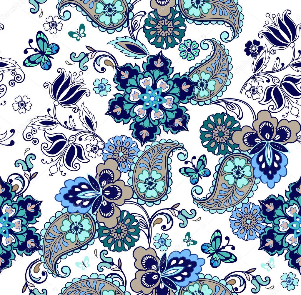 Oriental seamless paisley pattern. Floral wallpaper. Decorative ornament for fabric, textile, wrapping paper. Traditional oriental seamless paisley pattern.
