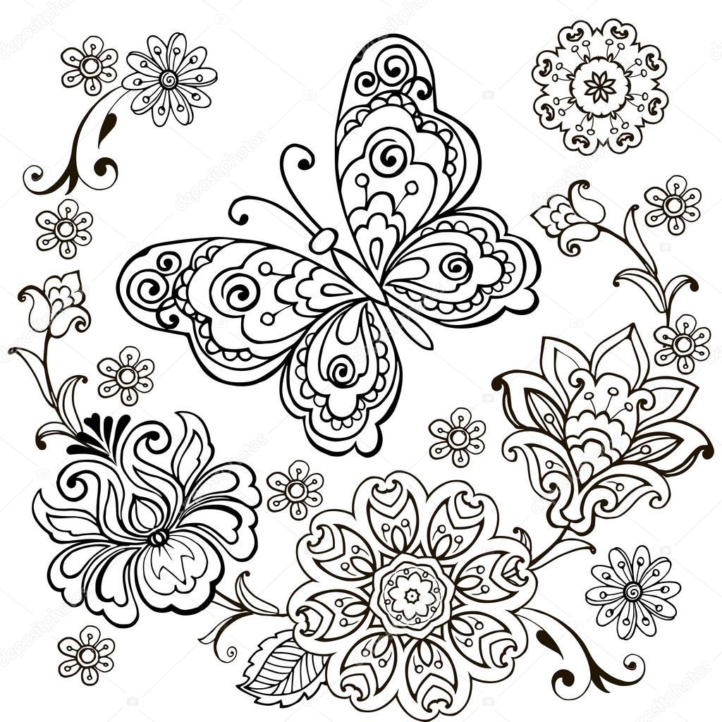 Decorative butterfly with floral ornament for anti Stresa Coloring.